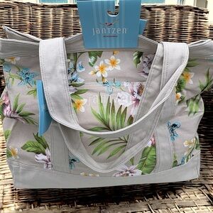 Jantzen Taupe Tropical Floral Canvas Beach Travel Tote‎ Bag